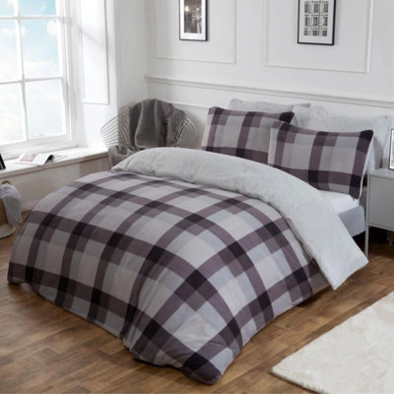 Image of OHS OHS Check Teddy Duvet Cover with Pillowcase Set in Grey Size: King Grey King Unisex 5027434010271