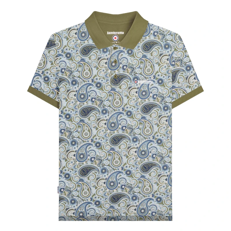 Image of Lambretta Lambretta Men SS25 Paisley Branded Big & Tall Polo Shirt in Khaki Size: 3X-Large Khaki XXXL Male 5063703813129