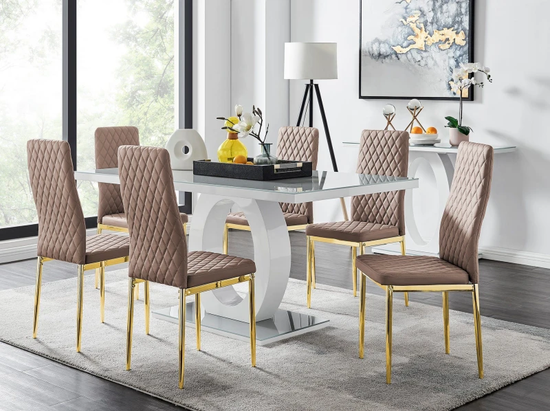 Image of FurnitureboxUK Giovani 6-Seater Grey Glass Dining Table & 6 Milan Faux Leather Dining Chairs in Beige Beige Unisex