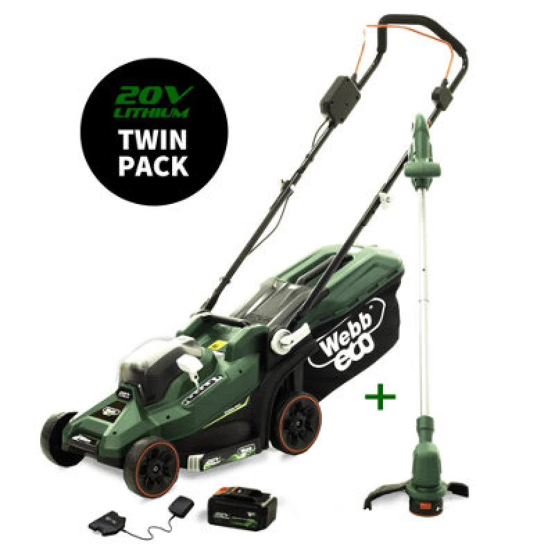 Image of Webb 20v Cordless Lawnmower and Grass Trimmer Garden Power Tool Kit WEV20LM33LT25B4 Batteries: 1 x 4ah Li-ion