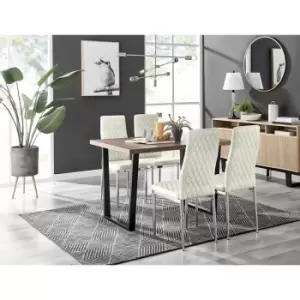 Image of Furniturebox Kylo Brown Wood Effect Dining Table & 4 Cream Milan Velvet Dining Chairs Diamond Stitch Modern Contemporary Chrome Metal