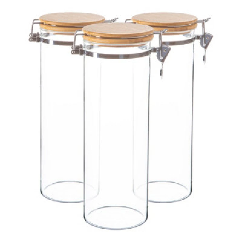 Image of Argon Tableware Glass Storage Jars with Wooden Clip Lids 1.75 Litre Pack of 3 Clear