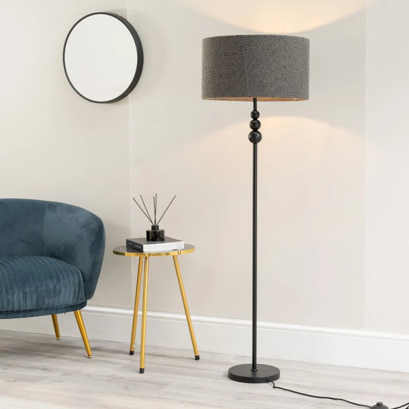 Image of ValueLights Marissa Charcoal Boucle Shade with Black Stacked Ball Floor Lamp Charcoal
