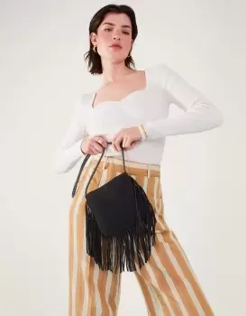 Image of Accessorize Womens Leather Fringe Cross-Body Bag Black, Size: 18x17cm