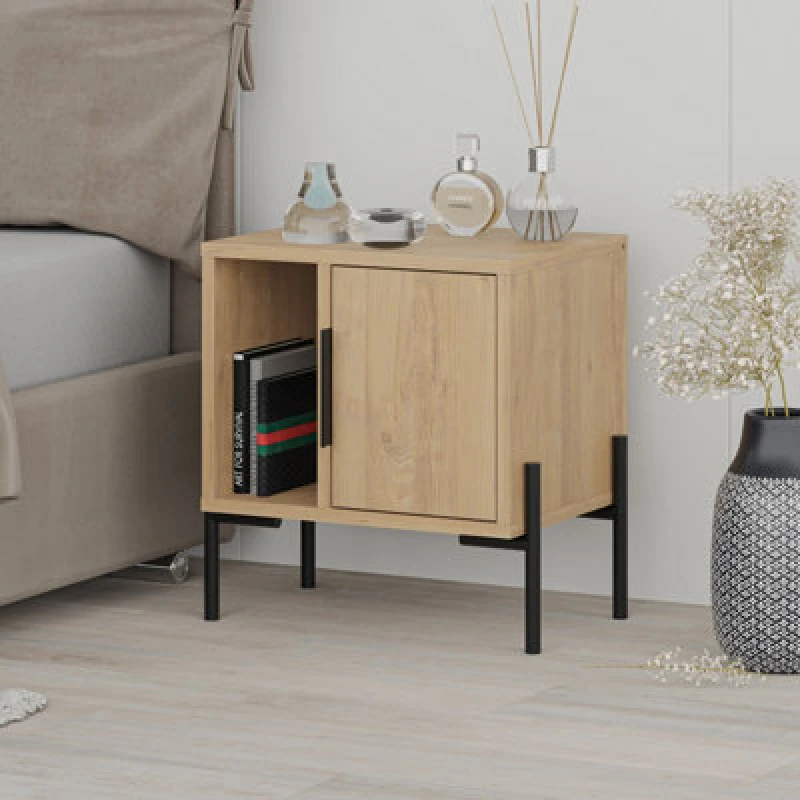 Image of Decortie Modern Glynn Bedside Table Oak W/black Metal T Legs 48(D)Cm Nightstand 1-Door Storage Cabinet Metal Handle Bedroom Home