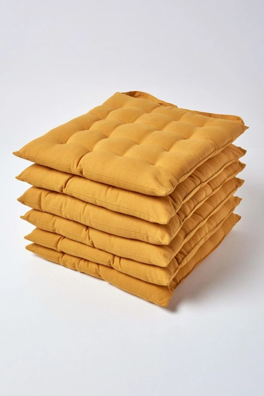 Image of Homescapes 6 Pack Seat Pads Luxury 100% Cotton Indoor Outdoor Garden Cushion, 40cm in Mustard Size: 40cm x 40cm Mustard Unisex 40cm x 40 cm