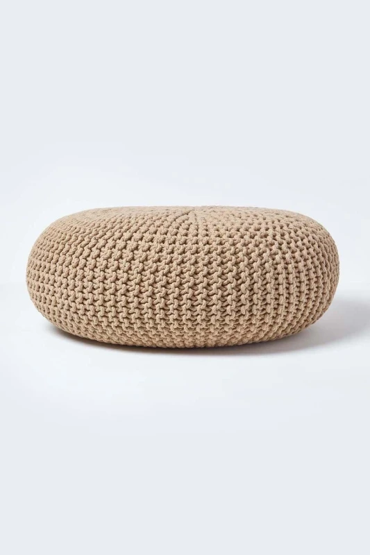 Image of Homescapes Large Round Cotton Knitted Pouffe Footstool Beige