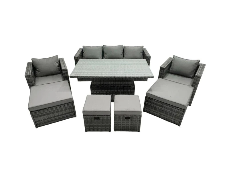 Image of Fimous Rattan Lounge Sofa Rising Dining Table Set & 4 Footstool in Dark Grey Dark Grey Unisex