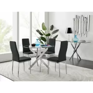Image of Novara Round Chrome Metal And Glass Dining Table And 4 Black Milan Dining Chairs Set - Black