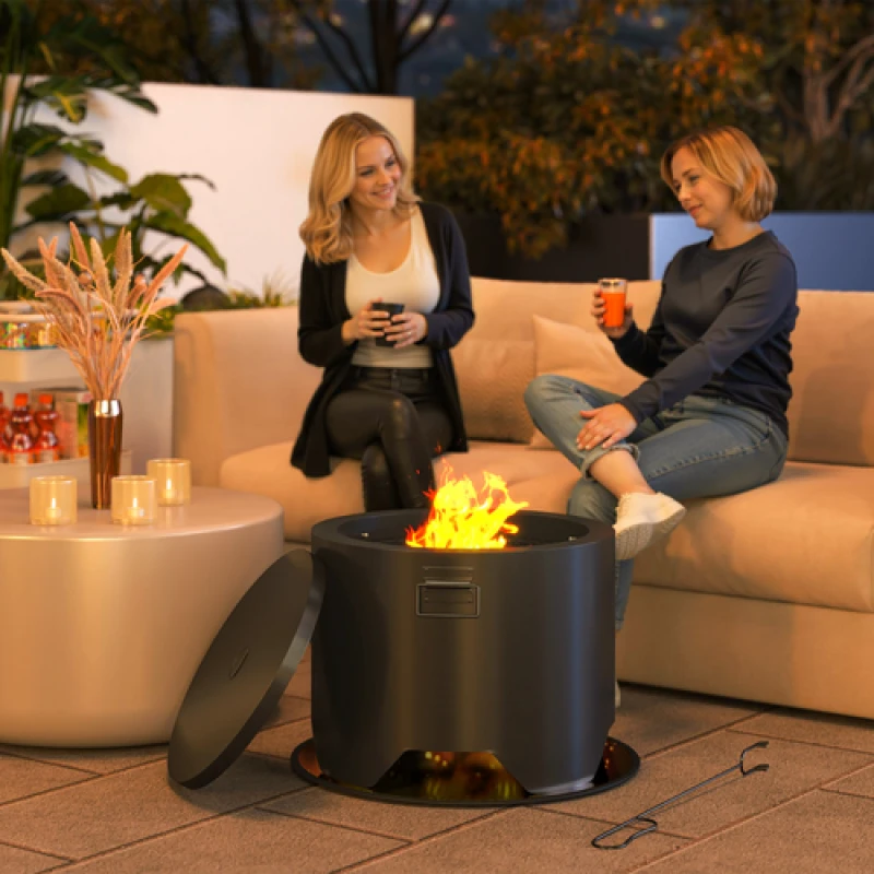 Image of Outsunny Outdoor Round Fire Pit with Lid, Firepit with Fire Poker, Black 842-376V00BK