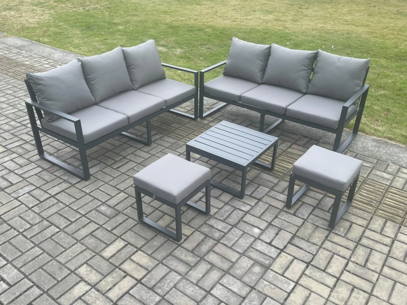 Image of Fimous Aluminium 5 Pieces Garden Furniture Sofa Set with Cushions 8 Seater Outdoor Patio Set with Square Coffee Table 2 Small Footstools in Dark Grey