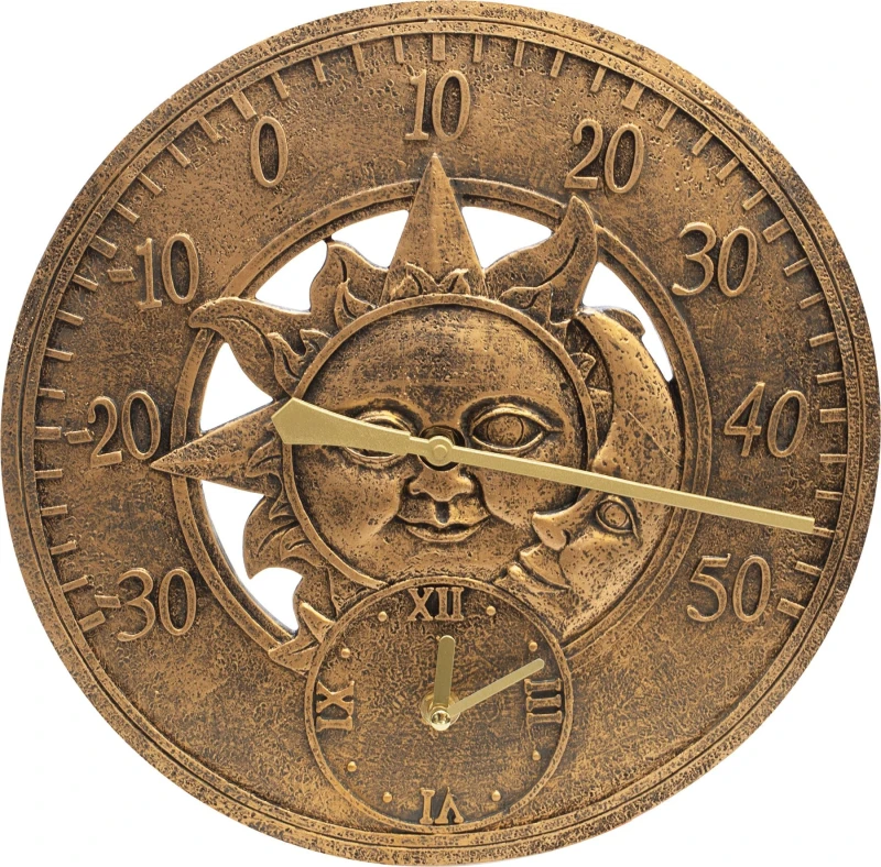 Image of Vintage 12" / 30cm Sun and Moon Outdoor Garden Clock and Thermometer Wall Mounted Battery Powered - Copper ELV-785068 Wall Clock