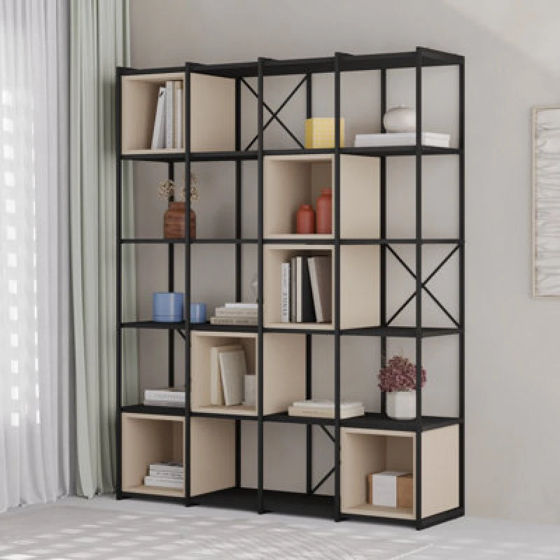 Image of Decortie Maxi Bookcase Unit With Adjustable Shelves 139.5X179Cm Wall-mounted Particleboard, Metal, Black Wood, Sandstone, Multi 8683628017