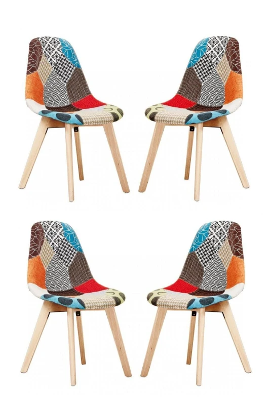 Image of Life Interiors Set of 4 Patchwork Fabric Dining Chairs with Wooden Legs, Mid-Century Modern Accent Chair Multicolor Unisex
