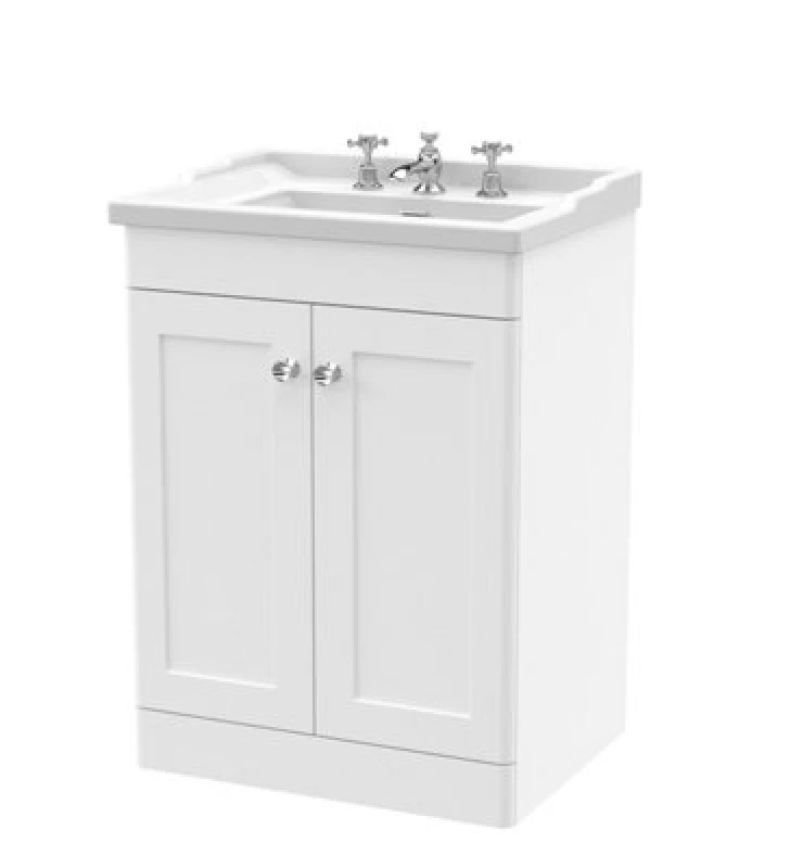 Image of NUIE Classique Floor Standing 2-Door Vanity Unit with Traditional Basin 600mm Wide Satin White - 3 Tap Hole - Nuie CLC125G