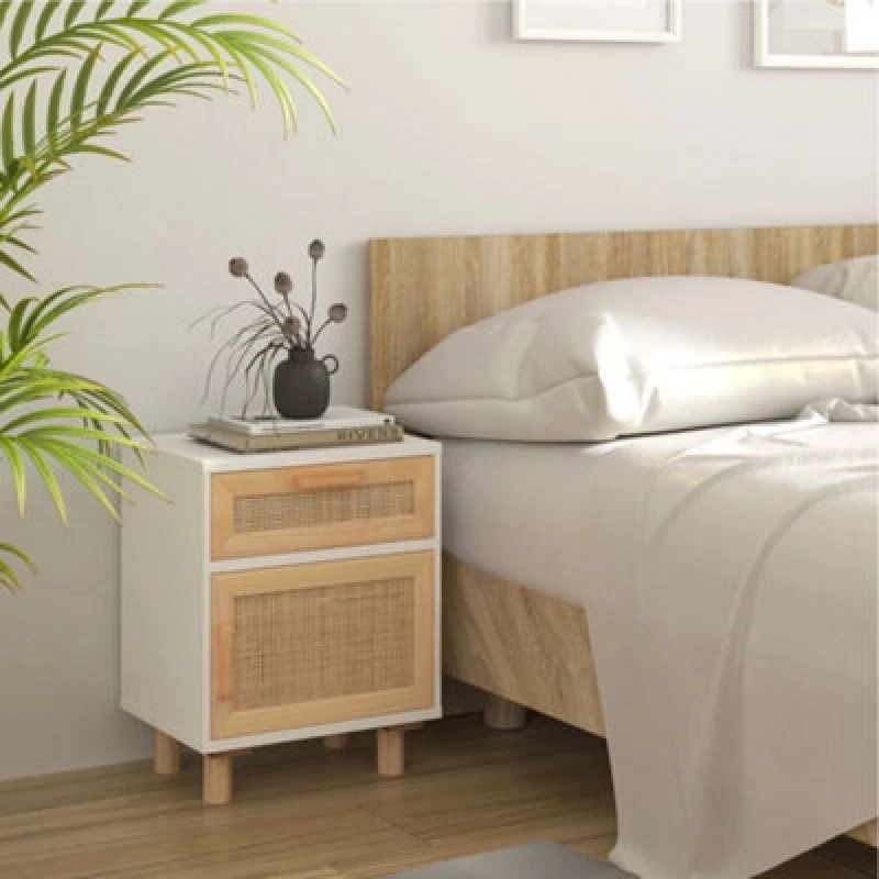Image of Vidaxl Bedside Cabinet White Solid Wood Pine And Natural Rattan, White 345606
