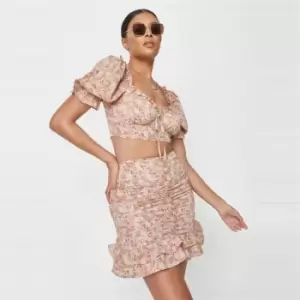 Image of Missguided Coord Ruched Milkmaid Floral Print Top - Neutral