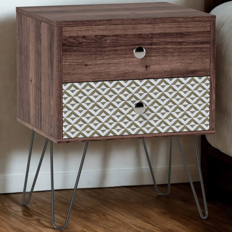 Image of FURNOS Bohemian Inspired Bedside Table Nightstand With 2 Drawers in Brown Brown Unisex