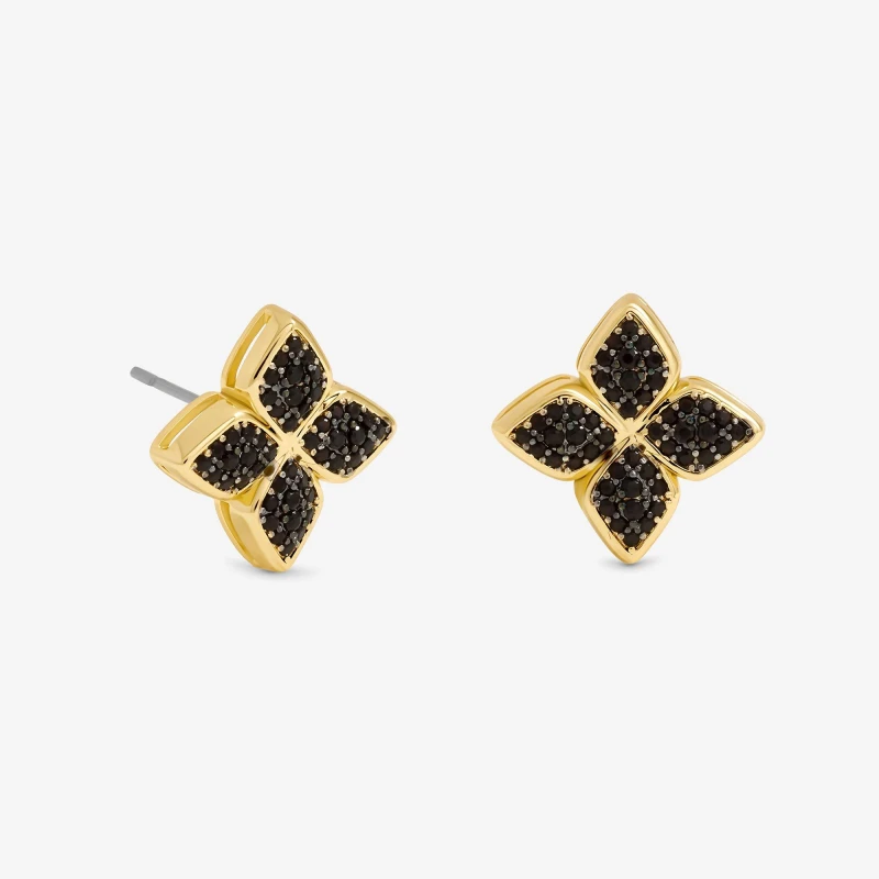 Image of Jon Richard 14K Gold Plated and Jet Stone Clover Earrings Huggie Earrings One Size Gold 38828910000