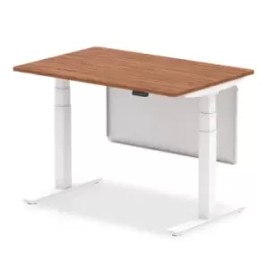 Image of Air 1200 x 800mm Height Adjustable Desk Walnut Top White Leg With White Steel Modesty Panel