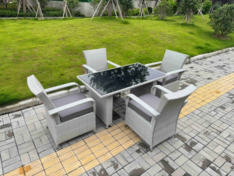 Image of Fimous Rattan Outdoor furniture Set Black Tempered Glass Table & 4 Chairs Set in Light Grey Light Grey Unisex