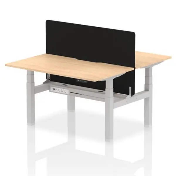 Image of Air Air Back-to-Back 1400 x 800mm Height Adjustable 2 Person Bench Desk Maple Top with Scalloped Edge Silver Frame with Black Straight Screen HASSE2P