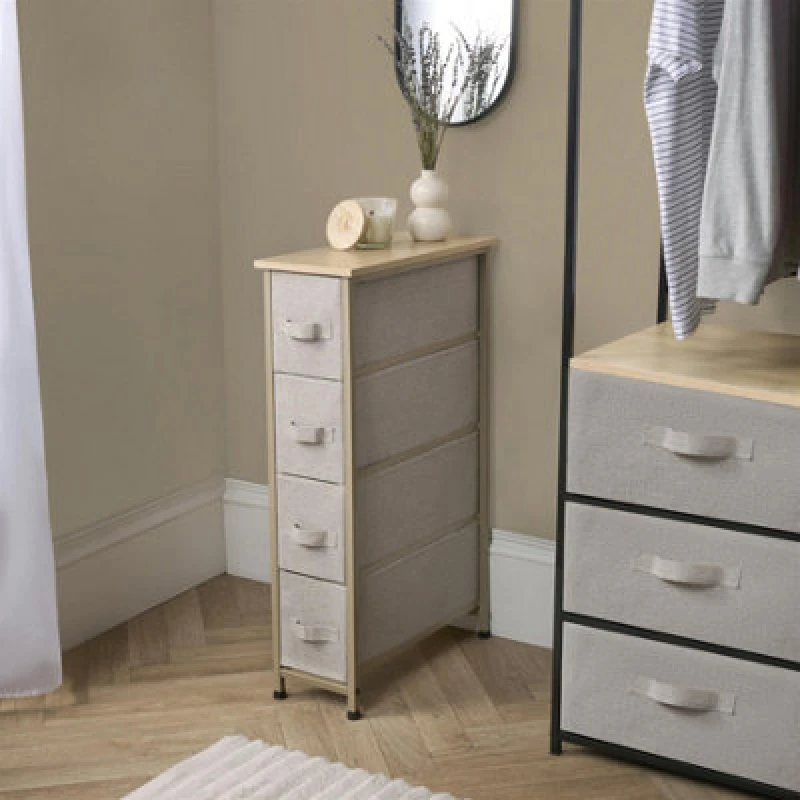 Image of OHS OHS Narrow 4 Drawer Storage Cabinet Bedside Table Unit Fabric Organiser in Natural Natural One Size Unisex 5027434212293