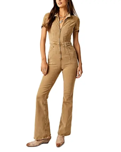 Image of Free People Jade Flared Denim Jumpsuit in Pier 17