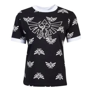 Image of Nintendo - Hyrule Royal Crest With All-Over Print Pattern Womens Medium T-Shirt - Black/White