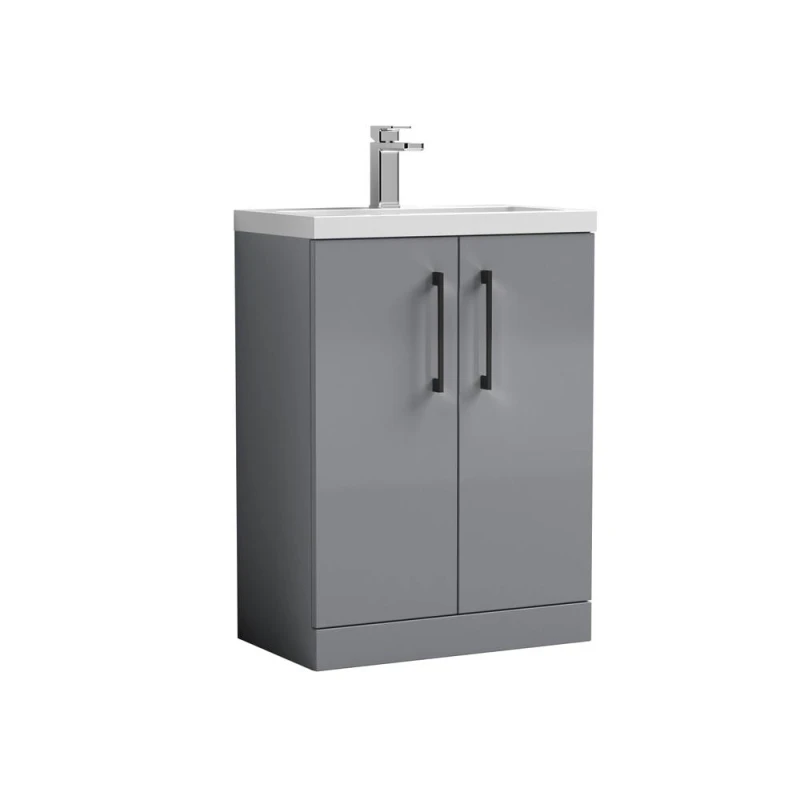 Image of Balterley Level Compact Bathroom Cloakroom Vanity Basin Unit With Ceramic Basin, Black Handles, 600mm, Satin Grey