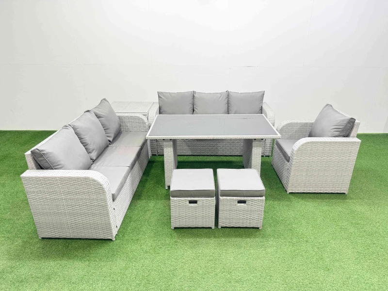 Image of Fimous 9-seater Patio Rectangular Table Sofa Set with Side Table 2 Stools in Light Grey Light Grey Unisex