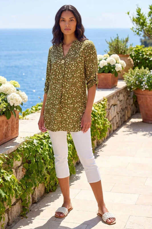 Image of Roman Womens Ditsy Floral Print Tunic Top in Khaki Size: 12 Khaki Female 12