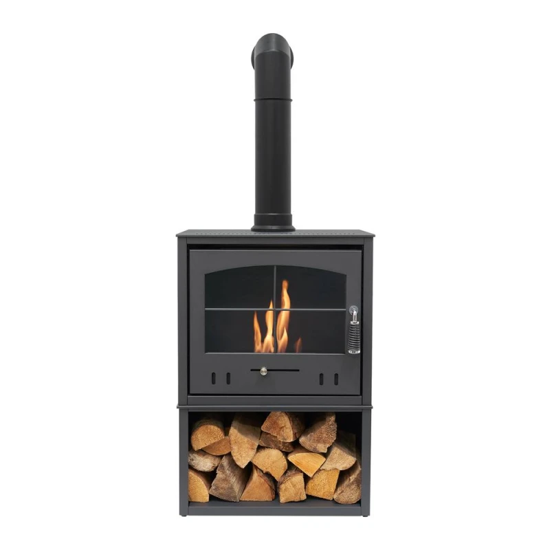 Image of OKO Bio Ethanol Fires S4 Bio Ethanol Stove with Log Storage in Charcoal Grey with Tall Angled Stove Pipe Grey Unisex
