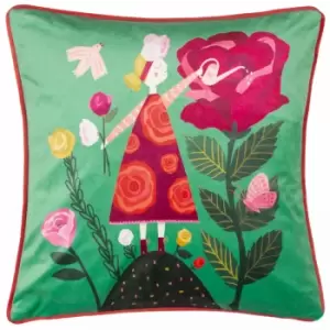 Image of Flower Girl Illustrated Cushion Green