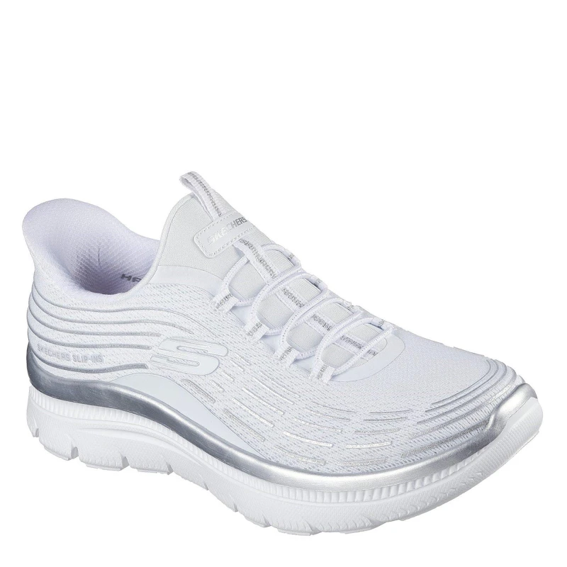 Image of Skechers Womens Mesh Bungee Glitter Print Slip On Trainers White/Silver female 4 (37)