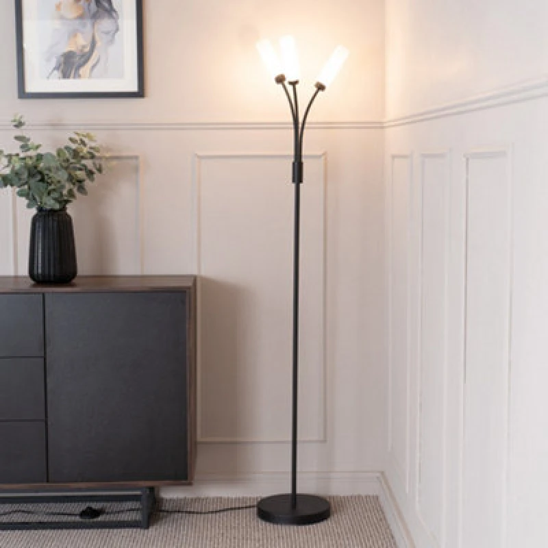 Image of ValueLights Maya 3 Way Curved Arm Reed Shaded Upright Floor Lamp Black