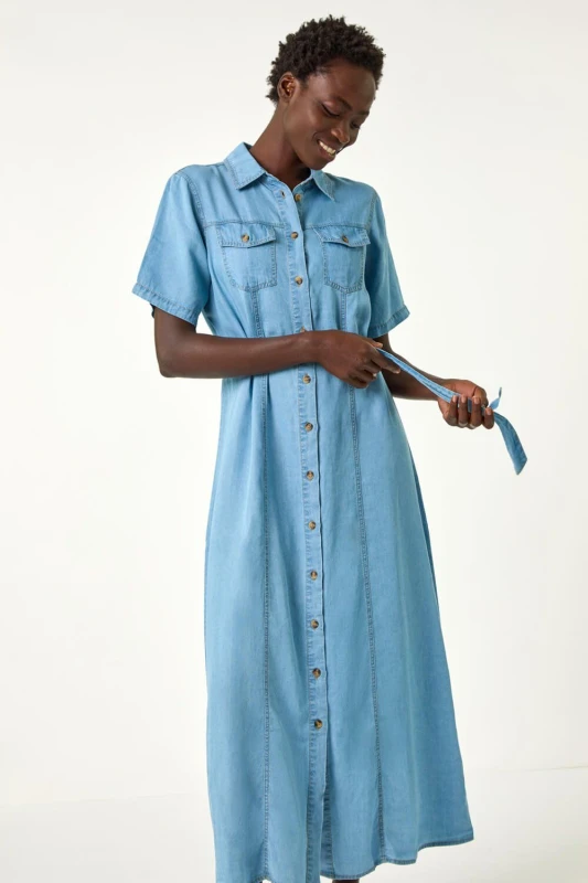Image of Roman Button Through Midi Dress Light Blue