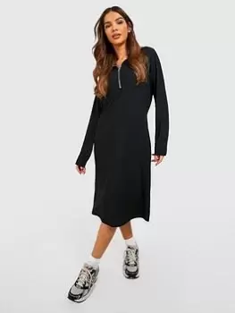 Image of Boohoo Half Zip Rib Jumper Dress - Black, Size 8, Women