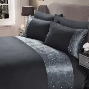 Image of Sienna Glitter Crushed Velvet Panel Duvet Cover Pillowcase Bedding Set Charcoal Single