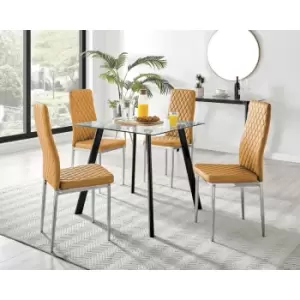 Image of Furniturebox UK - Furniturebox Seattle Glass and Black Metal Leg Square Dining Modern Industrial Dining Table & 4 Mustard Milan Chrome Leg Faux