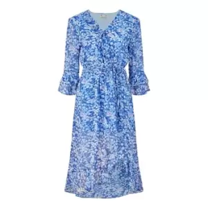 Image of Yumi Blue Floral three quarterSleeve Frill Wrap Dress - Blue