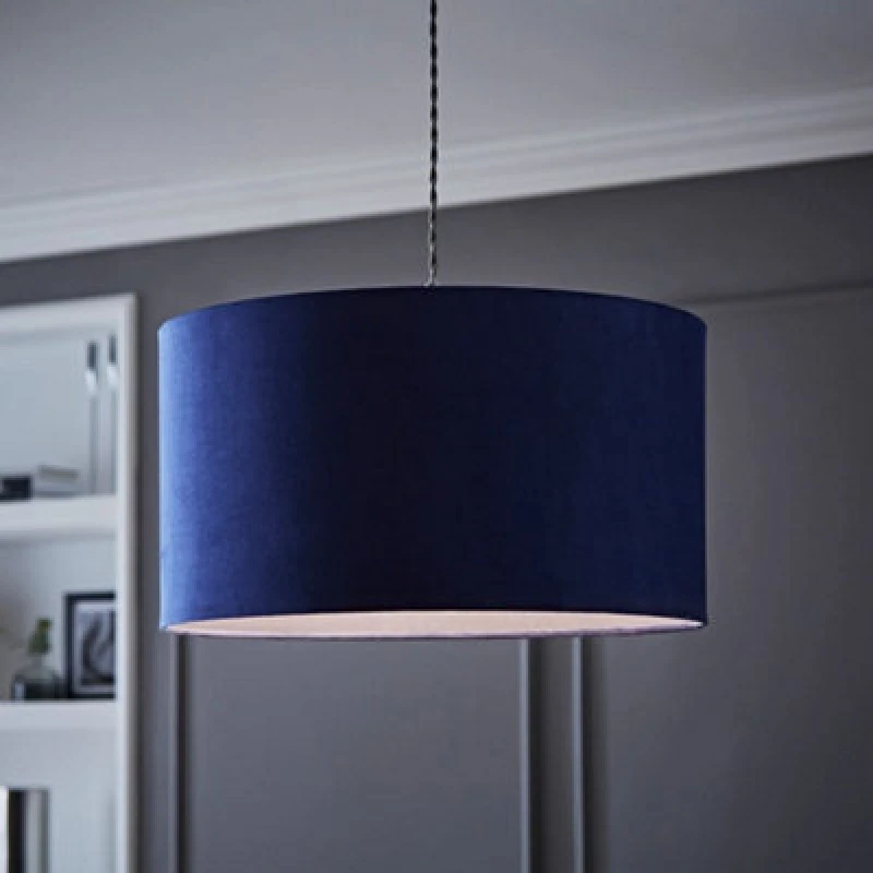 Image of ValueLights Reni Navy Blue Velvet Drum Ceiling Lamp Shade Navy
