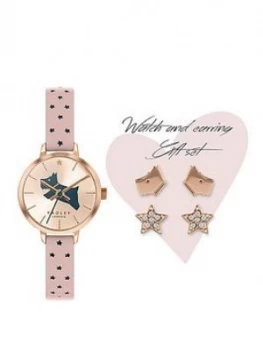 Image of Radley White And Rose Gold Detail Dial Blush Star Print Leather Strap Ladies Watch And Rose Gold Earrings Gift Set