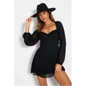 Image of I Saw It First Dobby Mesh Long Puff Sleeve Skater Dress - Black