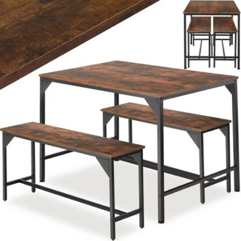 Image of Tectake Dining Table Set Bolton - 3 Piece, 2 Benches - Industrial Wood Dark, Rustic