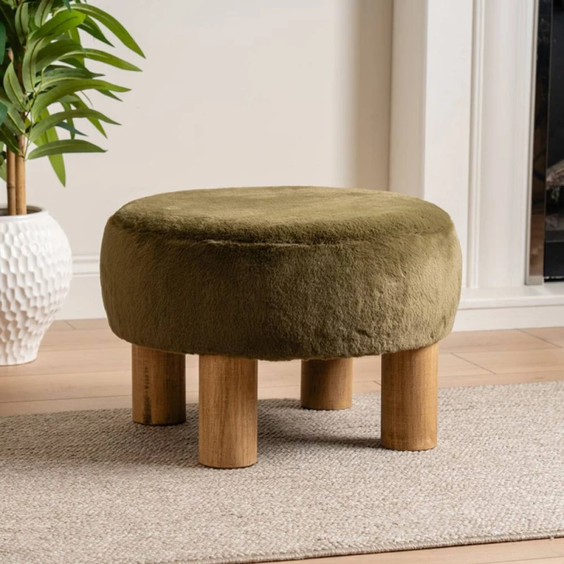 Image of SO'HOME Olivine Faux Fur Round Footstool Green ONE SIZE