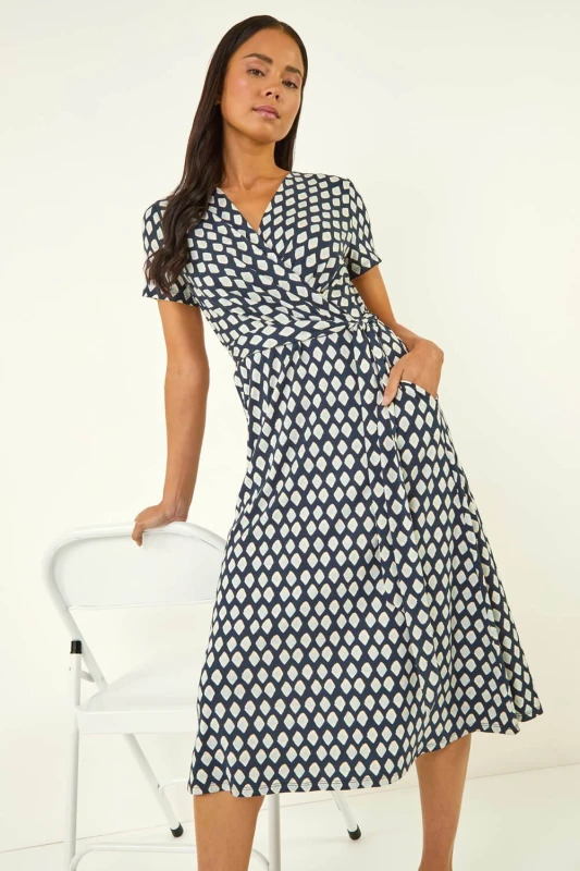 Image of Roman Womens Petite Geometric Tie Waist Wrap Dress in Blue Size: 14 Blue Female 14