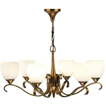 Image of Interiors 1900 Lighting - Interiors Columbia Brass - 6 Light Multi Arm Ceiling Pendant Chandelier Antique Brass, Opal Glass, E14