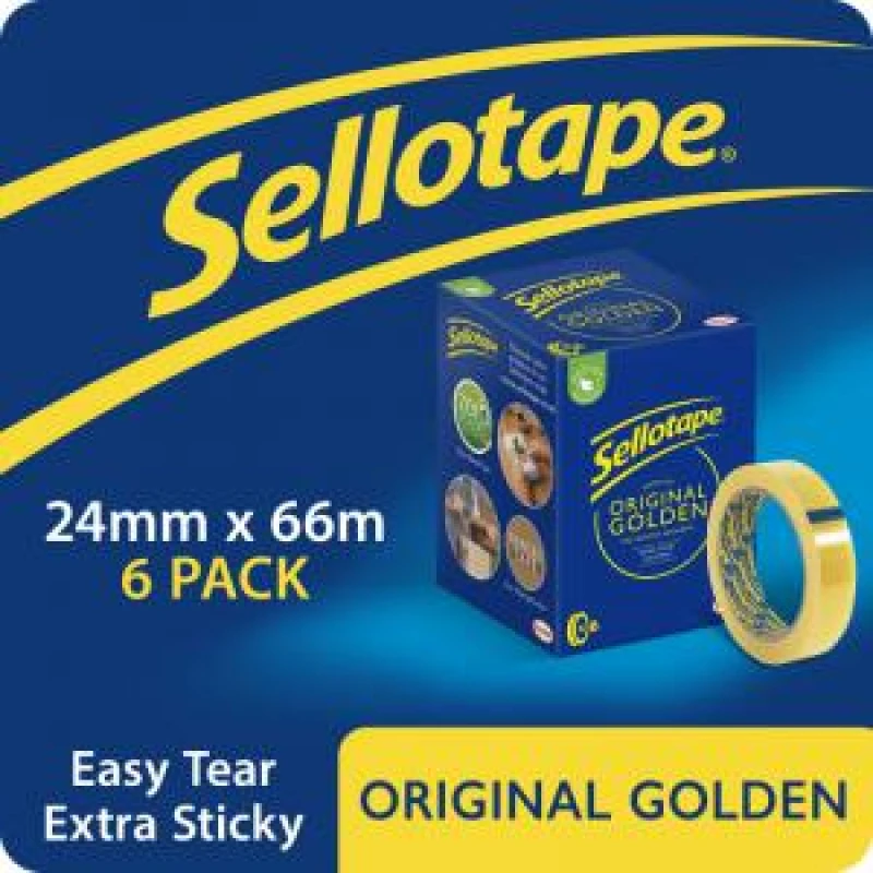 Image of Sellotape Original Golden Tape Easy Tear Extra Sticky 24mmx66m Case 72 Rolls (12 x 6 Pack)