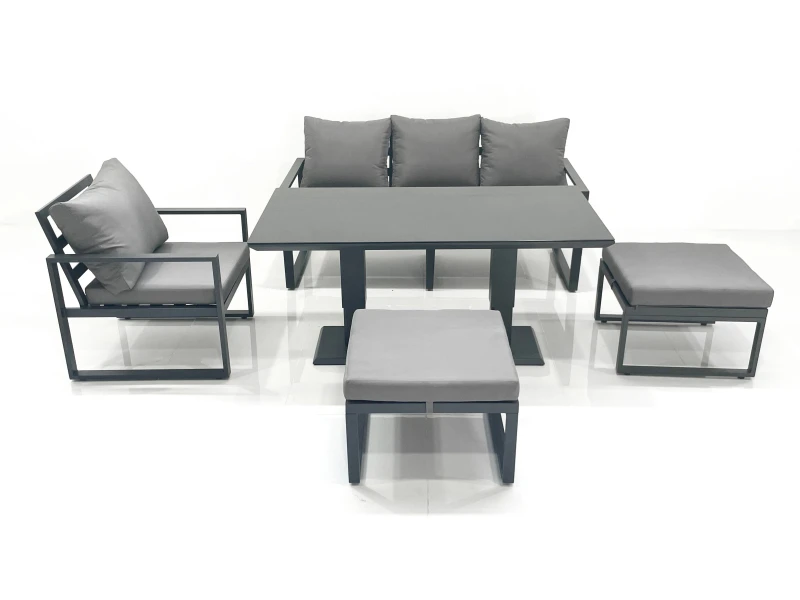 Image of Fimous 6 Seater Garden Sofa Set Aluminium Furniture Rising Dining Tabe Set with Chair 2 Big Footstool Dark Grey Dark Grey Unisex